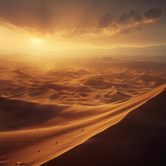 A stunning sunset casts warm hues over a vast desert landscape, highlighting the serene beauty of the arid terrain.