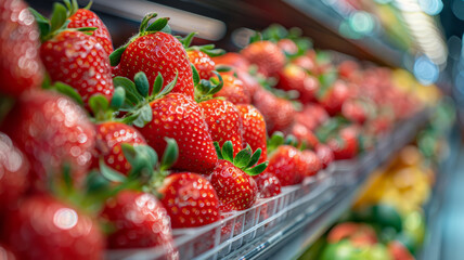 Rows of fresh, vibrant strawberries in a supermarket display.