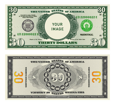 Vector highly detailed fictional beautiful 30 US dollar banknote. Obverse and reverse of American bill with guilloche patterns. Empty circle in center. Sample, your image. Thirty dollars.