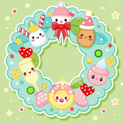 Naklejka premium Adorable Christmas Wreath with Festive Decorations in Pastel Colors