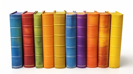 A neatly arranged collection of colorful hardcover books with leather bindings, showcasing vibrant book spines.