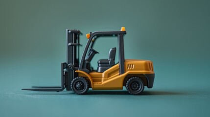 Fototapeta premium Yellow toy forklift on teal background highlighting industrial equipment details.