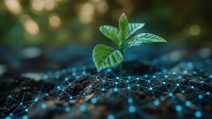 A small plant sprouts from the soil, surrounded by a digital network, symbolizing tech-enabled agricultural growth.