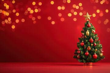 Small christmas tree decorated with red and gold ornaments standing on a red background with warm bokeh lights