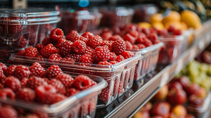 Plastic containers filled with fresh raspberries in a grocery store.