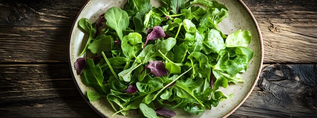 A plate of mixed greens salad, with leaves like watercress and arugula, is a healthy filling for the meal