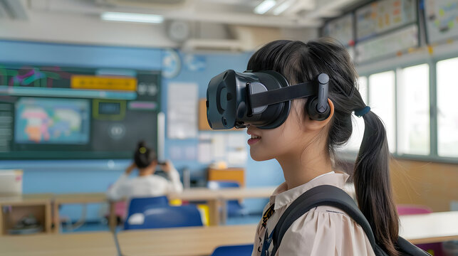 High-tech education with virtual reality classrooms and AI tutors.