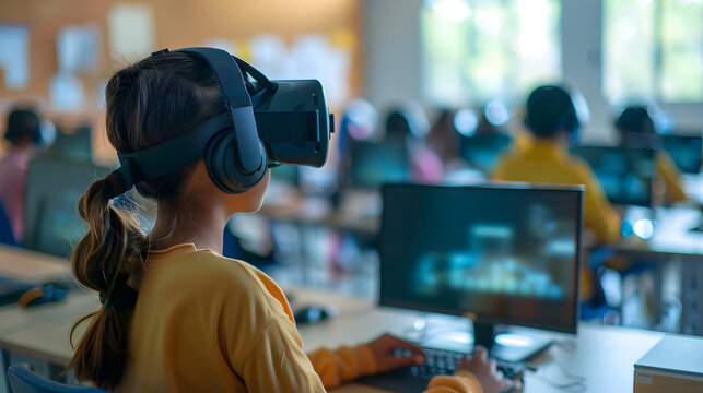 High-tech education with virtual reality classrooms and AI tutors. - Powered by Adobe