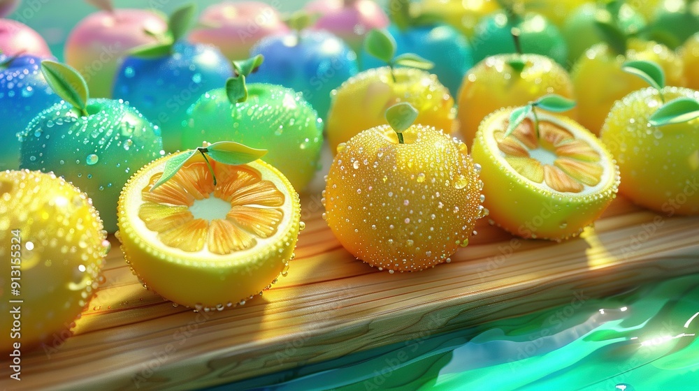 Sticker   A close-up of a group of fruits on a wooden surface with water in the background and an array of apples and oranges in the foreground