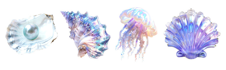 Iridescent sea creatures and shells png cut out element set