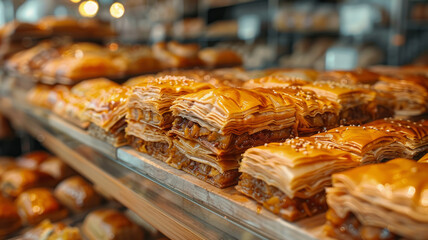 Close-up of fresh baklava on display in a bakery.