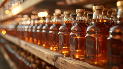 Rows of maple syrup bottles on wooden shelves.