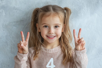 little girl showing two fingers up, 4 years old, peace sign, turning four, birthday