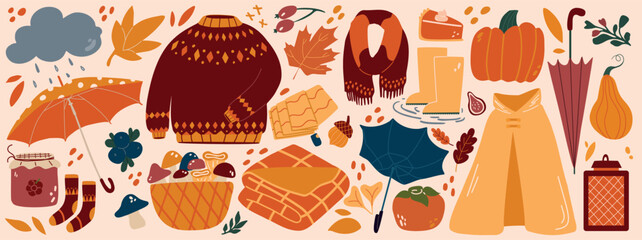 Set of autumn elements. Fall season collection. Pumpkin, rain and umbrella, raincoat and wellies.