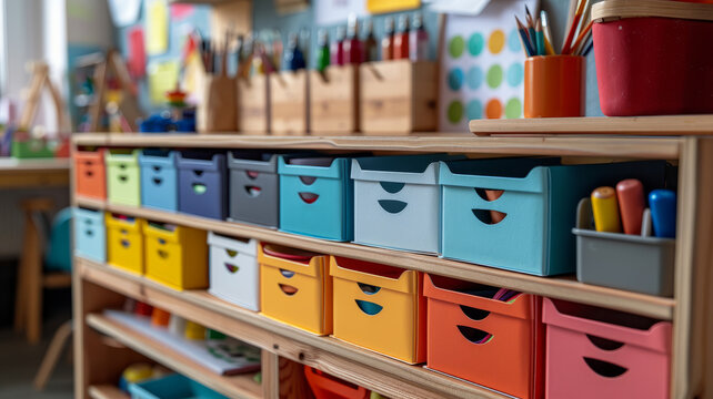 Colorful storage drawers in an organized classroom