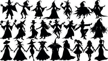 Set of silhouettes of Halloween Witches