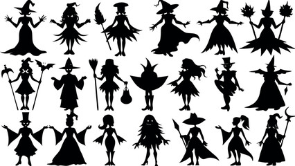 Set of silhouettes of Halloween Witches