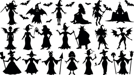 Set of silhouettes of Halloween Witches