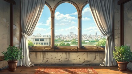   A cityscape painting, featuring an urban view through the window The room has a rug on the floor and plants adorning its front