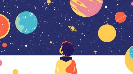 Silhouette of kid looking at the universe, starts, saturn, galaxy, nebula, vector style, pastel colors, aesthetic