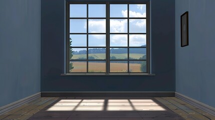  A room with blue walls and a window offering a view of a field outside
