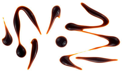 Collection of balsamic vinegar dropses isolated on a white background, top view. Balsamic vinegar cream.