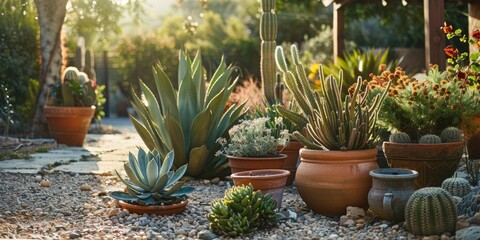 Potted chaparral and cactus plants on a patio in a drought tolerant garden in a residential backyard