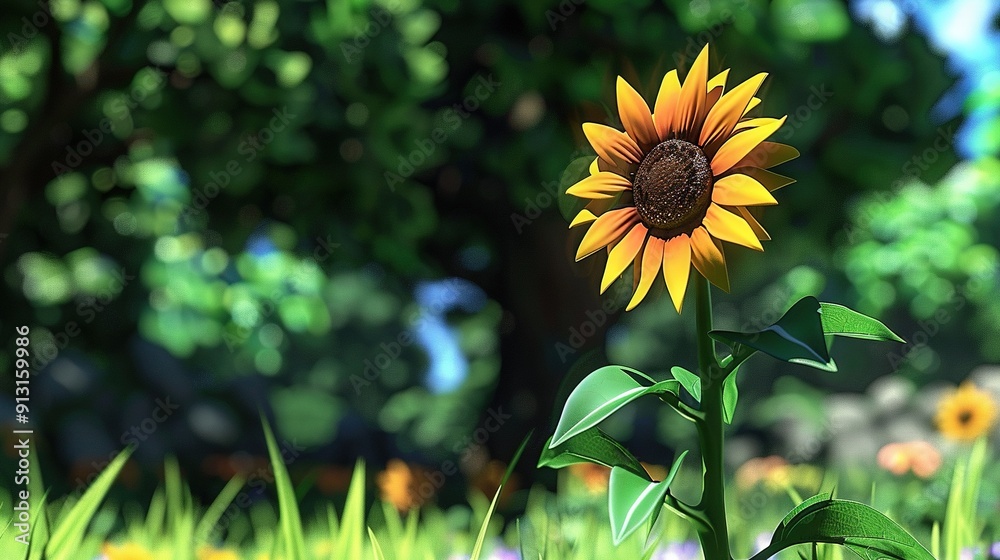 Canvas Prints   Sunflower in field surrounded by grass & trees, sunlight filtering leaves