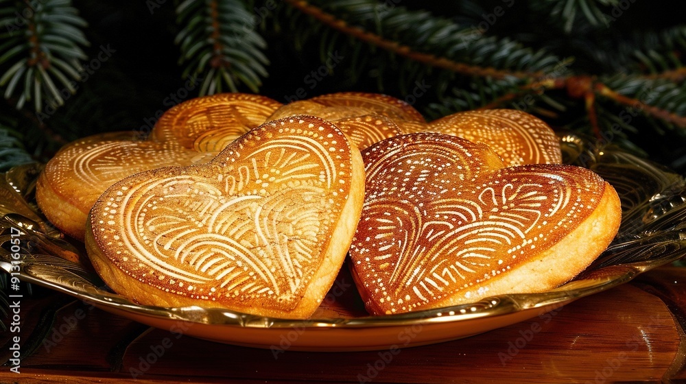 Poster   A bowl of heart-shaped pastries sits atop a wooden table, surrounded by a green tree branch