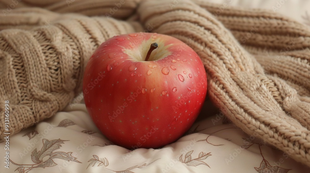 Sticker   Red apple on top of bed with pile of sweaters nearby