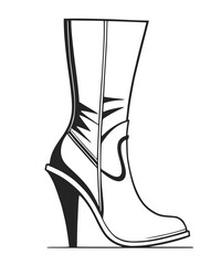 Hand drawn women's boots with high leg. High heel leather boots. Black and white vector illustration.