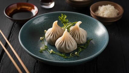 Three dumplings with green herbs on top of a blue plate