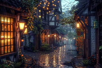 Fototapeta premium Rainy Evening in a Medieval Village
