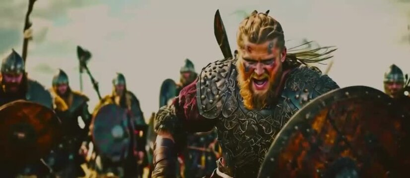 A cinematic still of  Viking soldiers  in armor charging into battle	