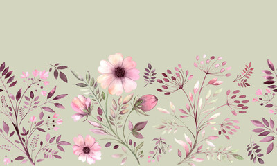 Seamless border Field Flowers. Watercolor illustration of plant pattern in the form of flowers, buds, leaves and dill. Illustration is hand drawn, suitable for postcards, embroidery, clipart, textiles