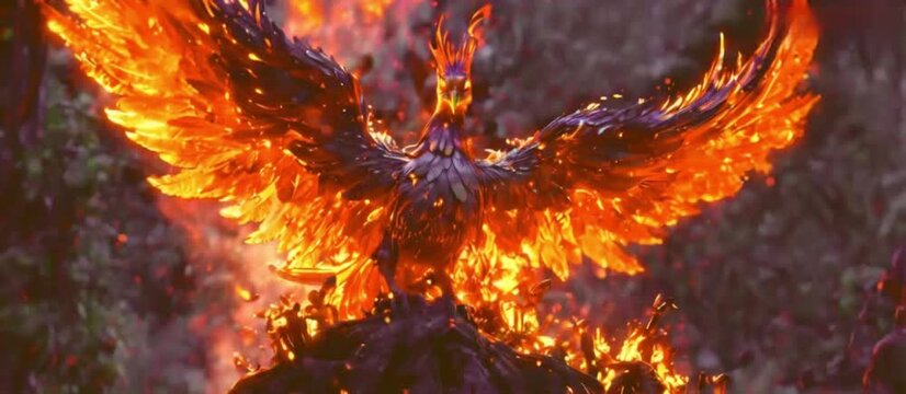 A fiery bird with its wings spread out, surrounded by a cloud of smoke and fire. Concept of danger and destruction, as the bird's fiery appearance and the surrounding flames suggest a powerfu