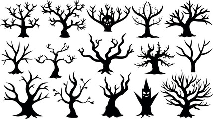 Set of silhouettes of Halloween tree