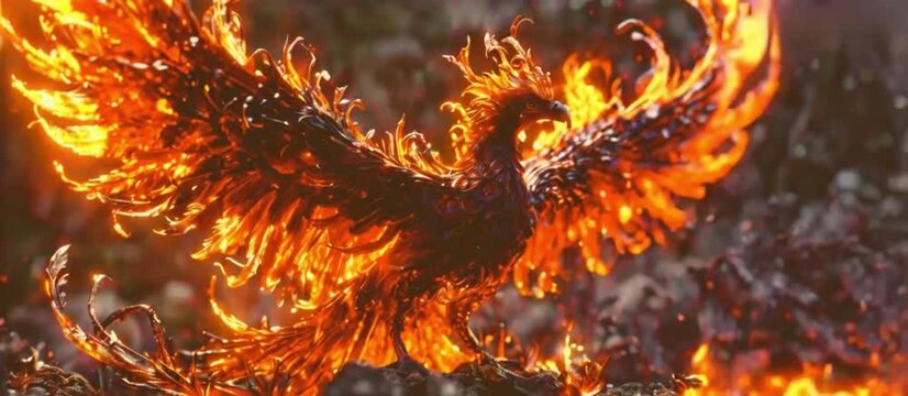 A fiery bird with its wings spread out, surrounded by a cloud of smoke and fire. Concept of danger and destruction, as the bird's fiery appearance and the surrounding flames suggest a powerfu