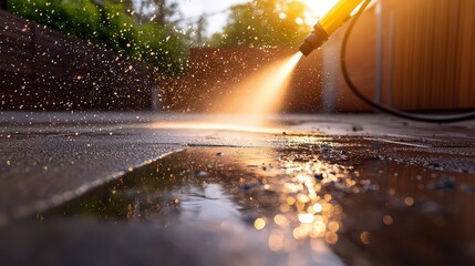 A power washer spraying water onto a patio, with sunlight reflecting off the wet surface.