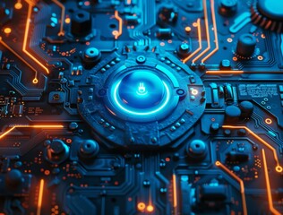 Fototapeta premium Glowing blue power button on a futuristic circuit board with orange lights