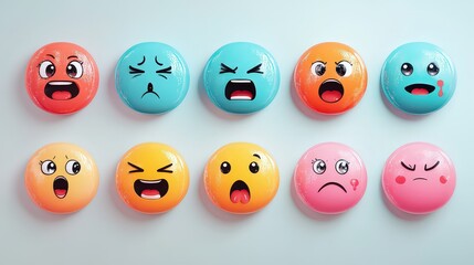 Obraz premium Set of colorful, expressive emoji faces displaying various emotions on a light background.
