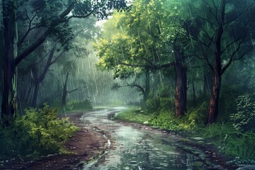 Fototapeta premium A verdant forest path is illuminated by the rain falling through the trees