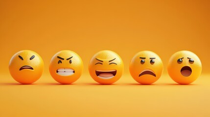 Five yellow emoticon balls displaying various negative expressions, including anger, frustration, confusion, and shock, set against an orange background.