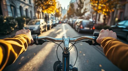 A man is riding a bicycle down a street with cars in the background