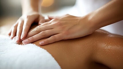 Naklejka premium Hands performing a back massage in a soothing spa setting.