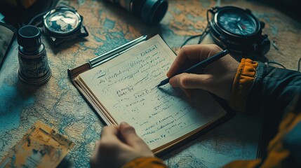  travel planning scene with a bucket list written on a notepad, surrounded by maps, travel guides, and planning tools.