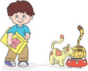 Little boy feeding cats.