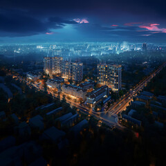Obraz premium A nighttime cityscape featuring a prominent building in the foreground, illuminated against the dark sky.