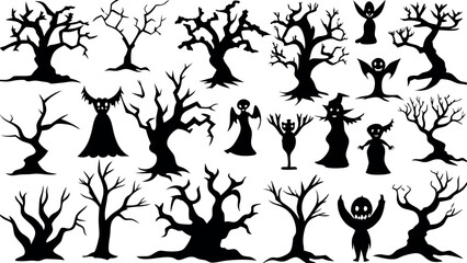Set of silhouettes of Halloween Spooky Trees