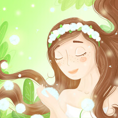 young woman with flowers dandelion spring card